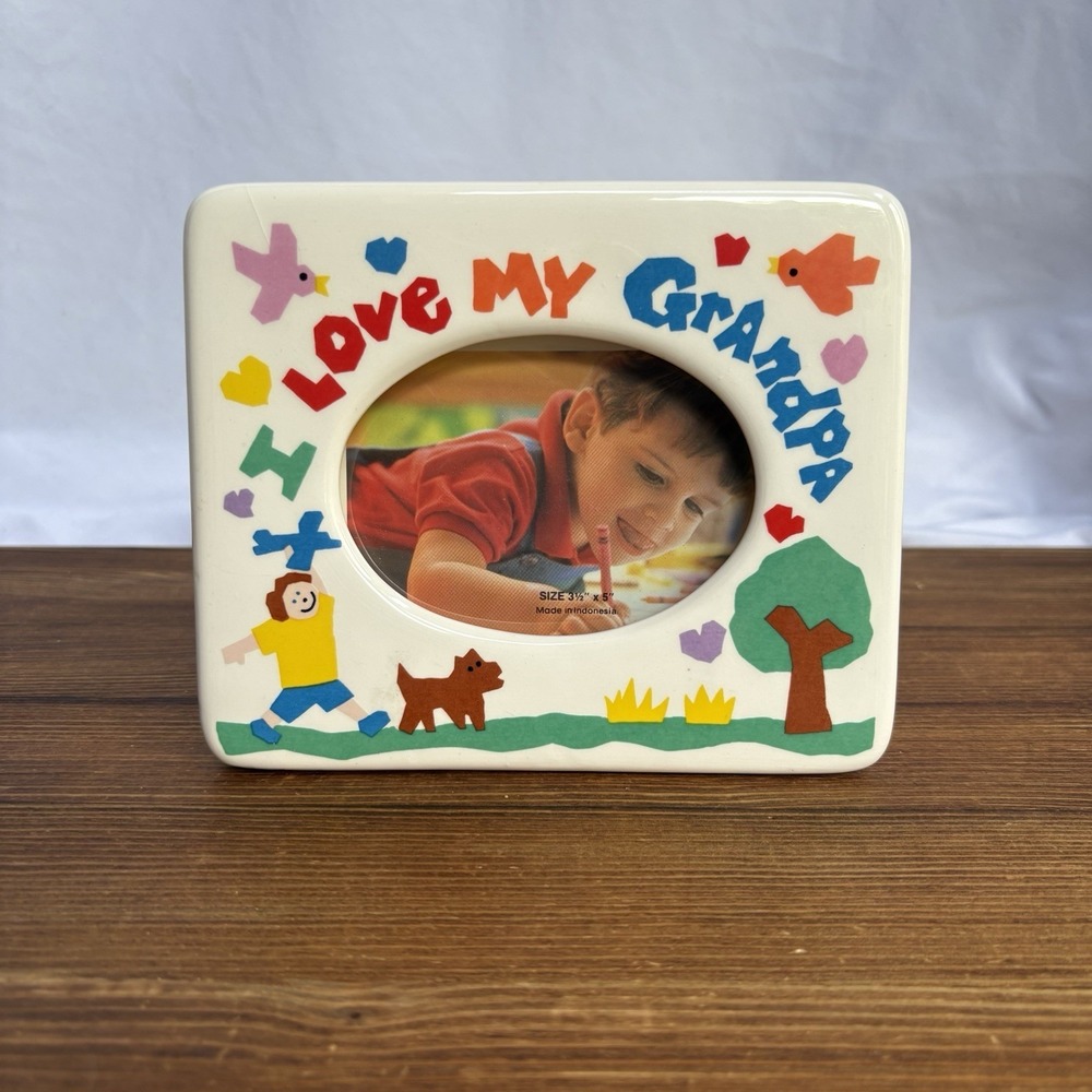 Vintage Russ I Love My Grandpa Ceramic Picture Frame 3.5x5 Hearts Birds